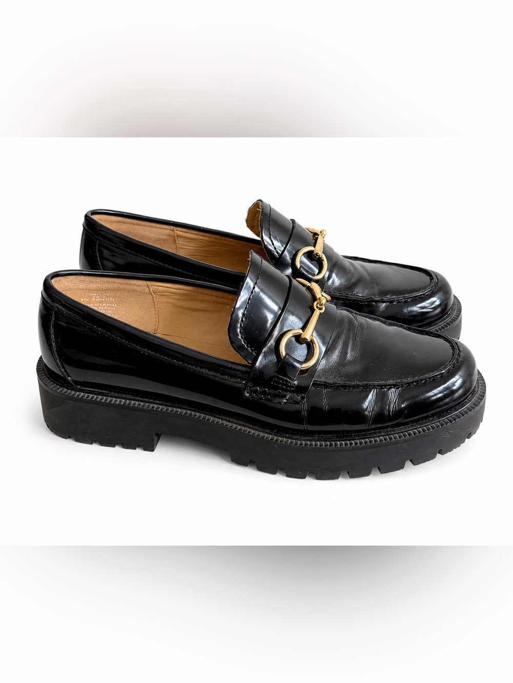 H&M Black Patent Leather Lug Sole Horsebit Loafers Size 7.5 (EU 38)